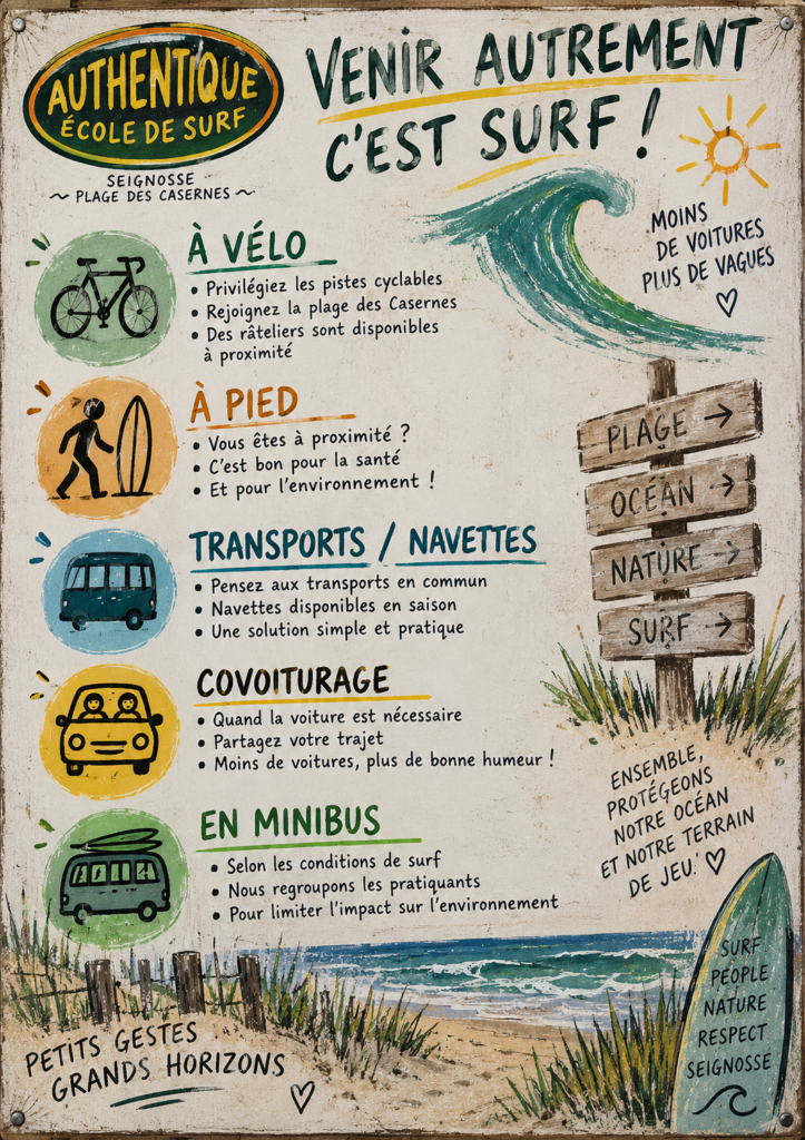 Affiche mobilité douce à Seignosse – venir à Authentique École de Surf à vélo, à pied, en navette ou en covoiturage
